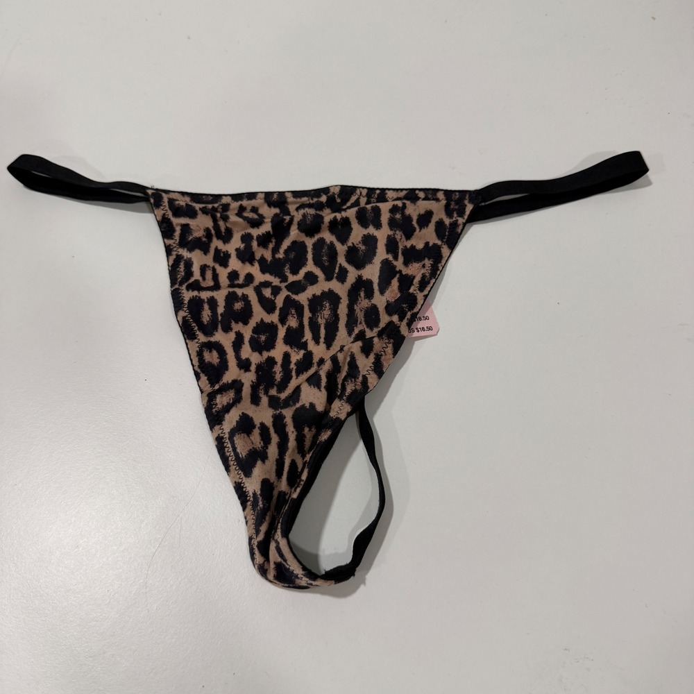 Victoria's Secret Leopard Print V-String Panty Gold V Hardware Tan Black M NWT